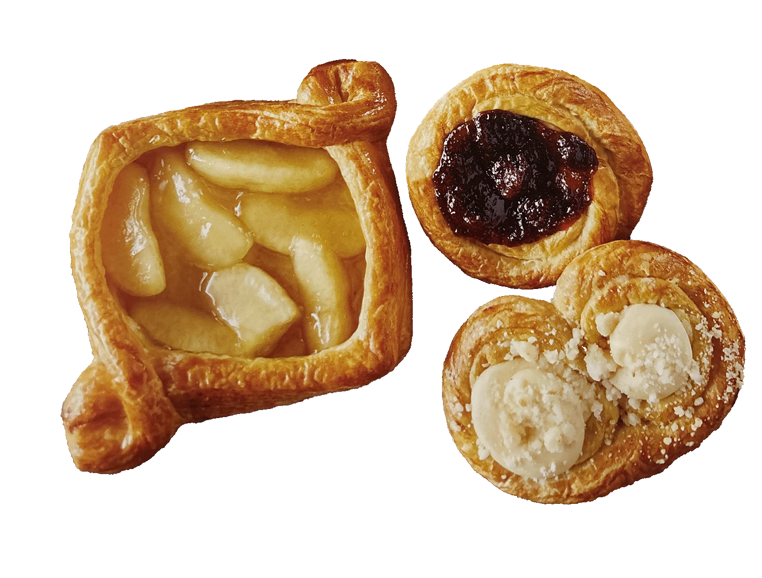 Assorted Danish pastries with apple, cheese, and fruit filling from Neida’s Palace Donut Shop in Hesperia, CA