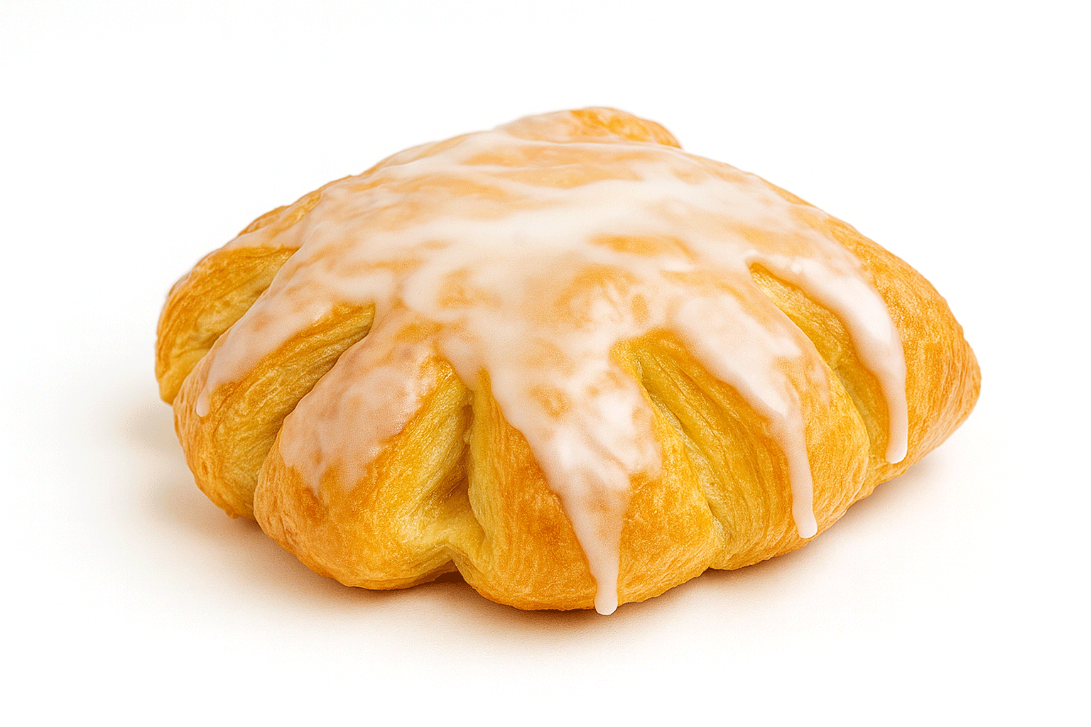Bear claw donut with almond filling and glaze on a white background