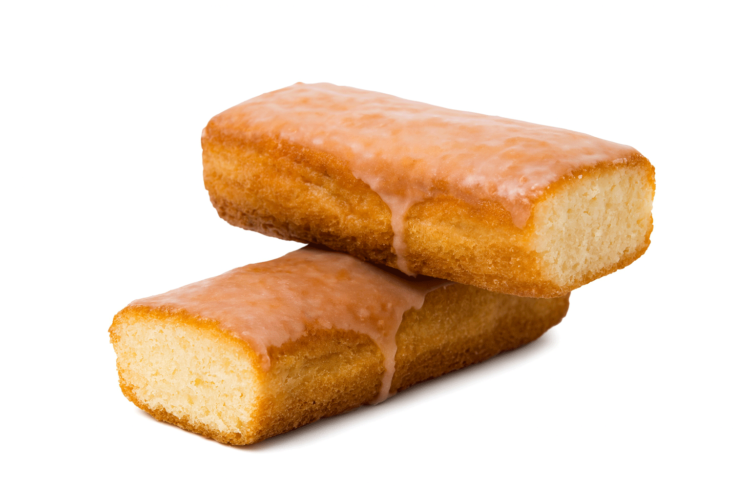 Two dense and moist buttermilk bars with a light sugary glaze on a white background.