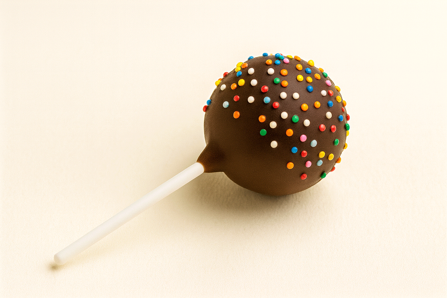 Chocolate cake pop with colorful sprinkles on a stick