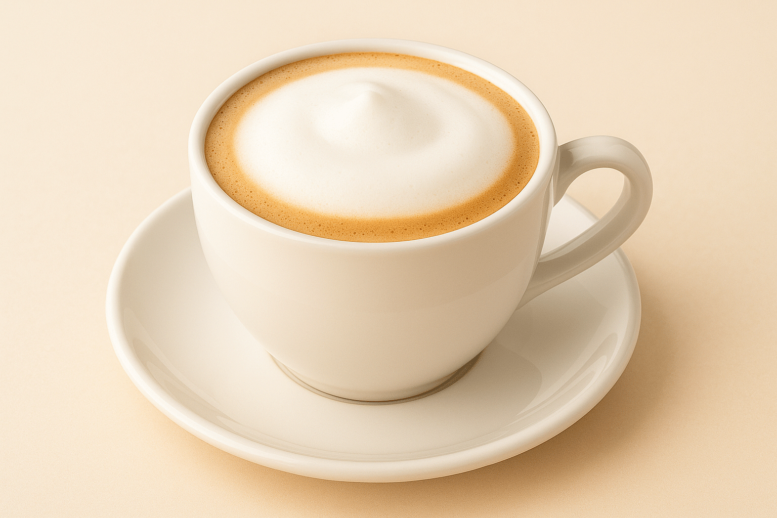 High-resolution image of a cappuccino in a white ceramic cup with a smooth layer of milk foam, served on a matching saucer over a beige background.