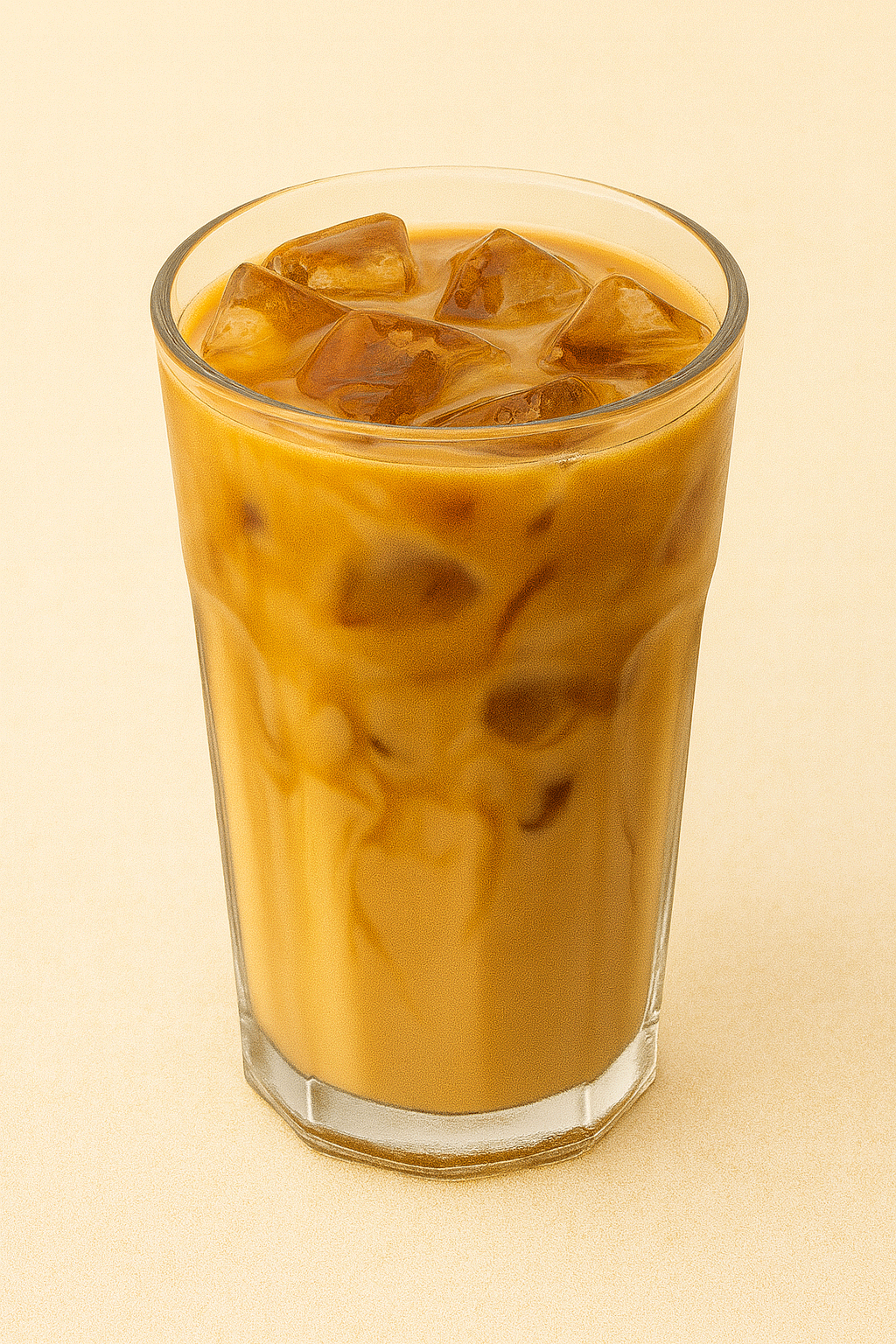 A glass of caramel iced coffee with ice cubes, showcasing a creamy tan-to-brown gradient.