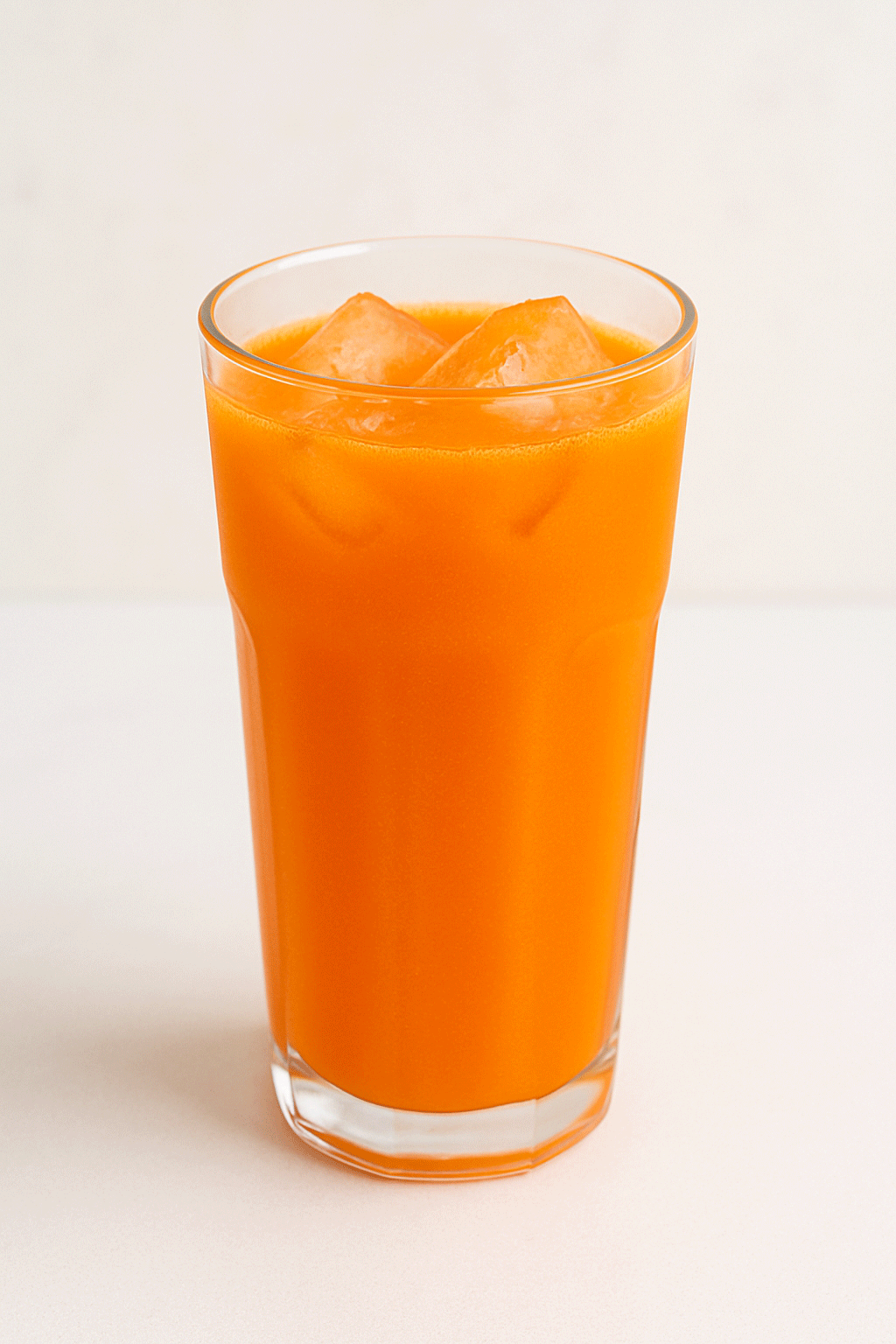 A tall clear glass filled with vibrant 100% carrot juice and ice cubes, placed on a clean white surface.