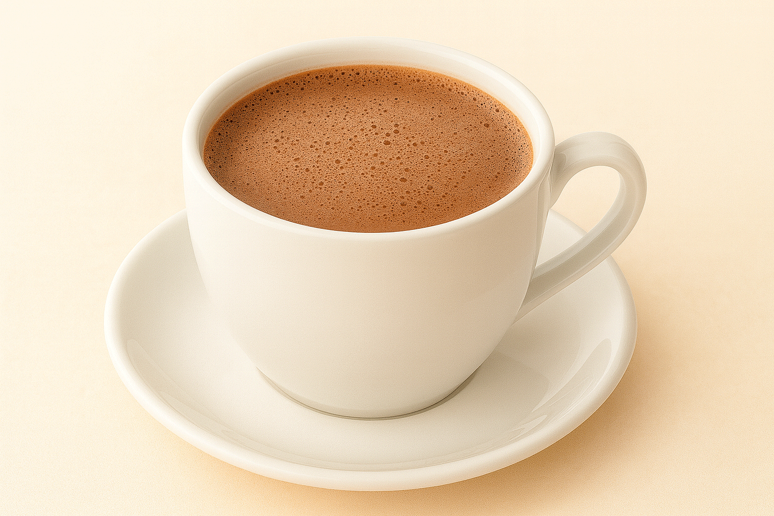 A white ceramic cup filled with traditional Mexican champurrado on a matching saucer, captured in a warm, softly lit setting.