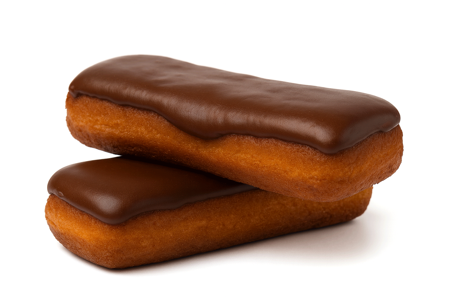 Two chocolate bar donuts stacked on a white background, topped with glossy chocolate frosting.