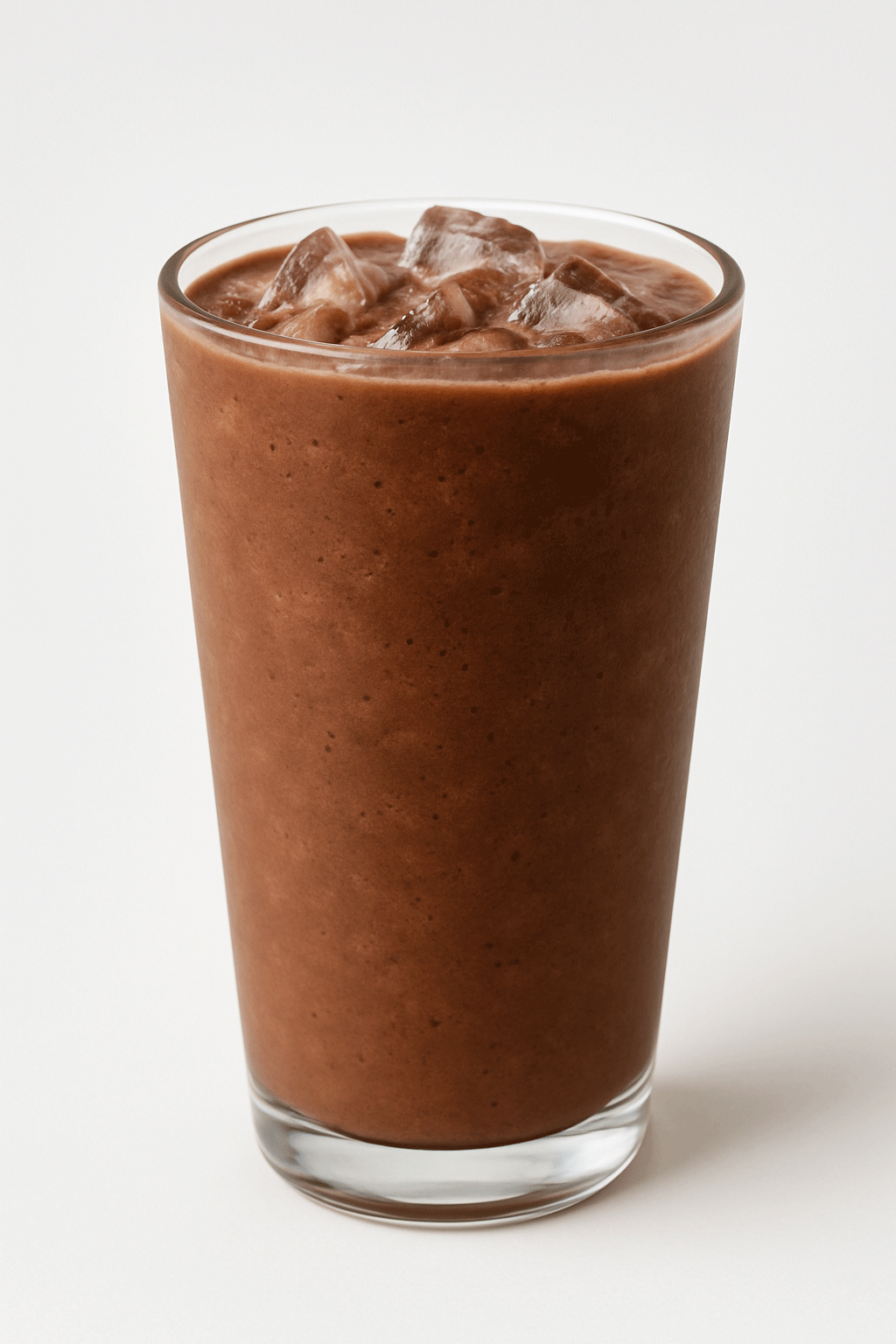 A creamy chocolate blended drink served in a tall, transparent glass, topped with ice cubes.