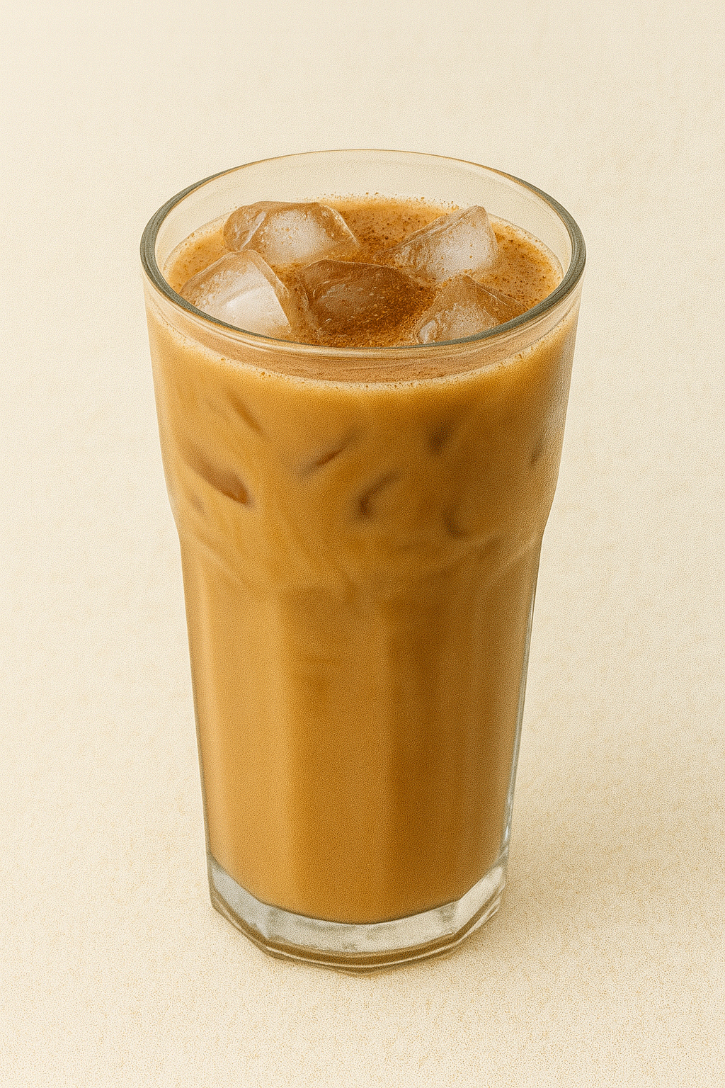 A tall, refreshing glass of cinnamon iced coffee with ice cubes and a straw, served at Neidas Palace Donut Shop.
