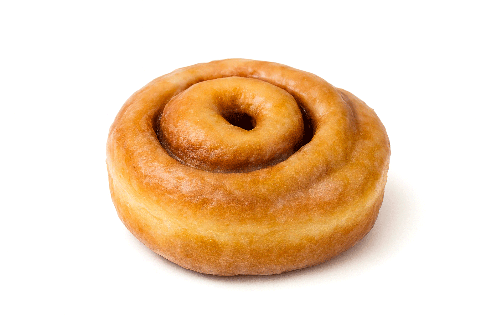 A golden cinnamon roll donut swirled with cinnamon filling and lightly glazed.