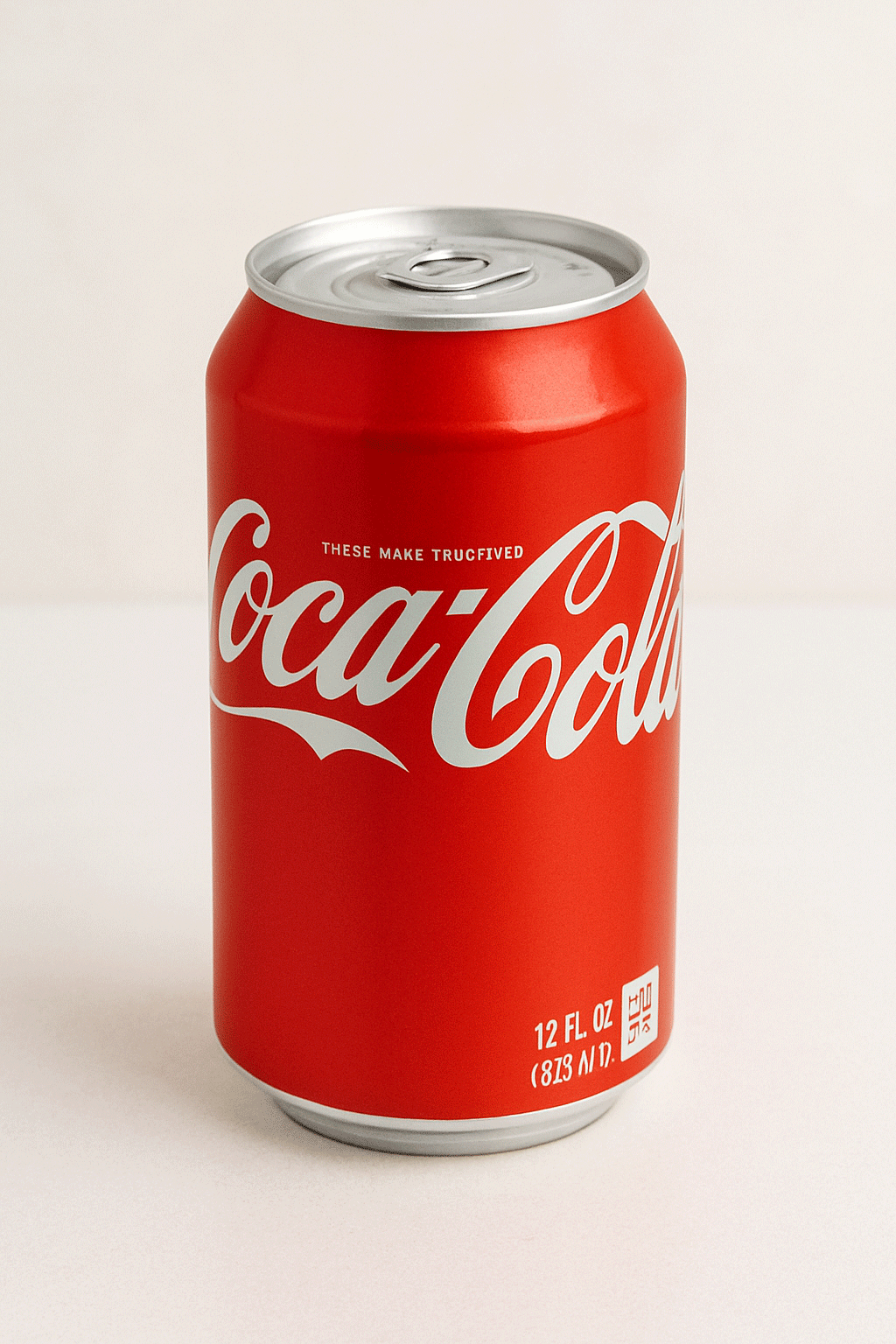 A 12-ounce Coca-Cola can standing on a light surface, showcasing its iconic red design and silver top
