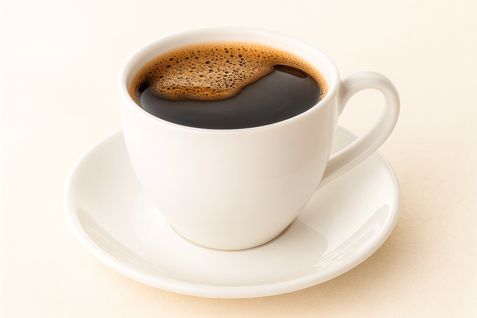 White ceramic coffee cup filled with black coffee on a matching saucer
