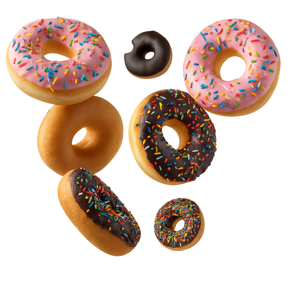 Assorted floating donuts with pink and chocolate glaze and sprinkles, PNG image for Neida’s Palace Donut Shop in Hesperia, CA