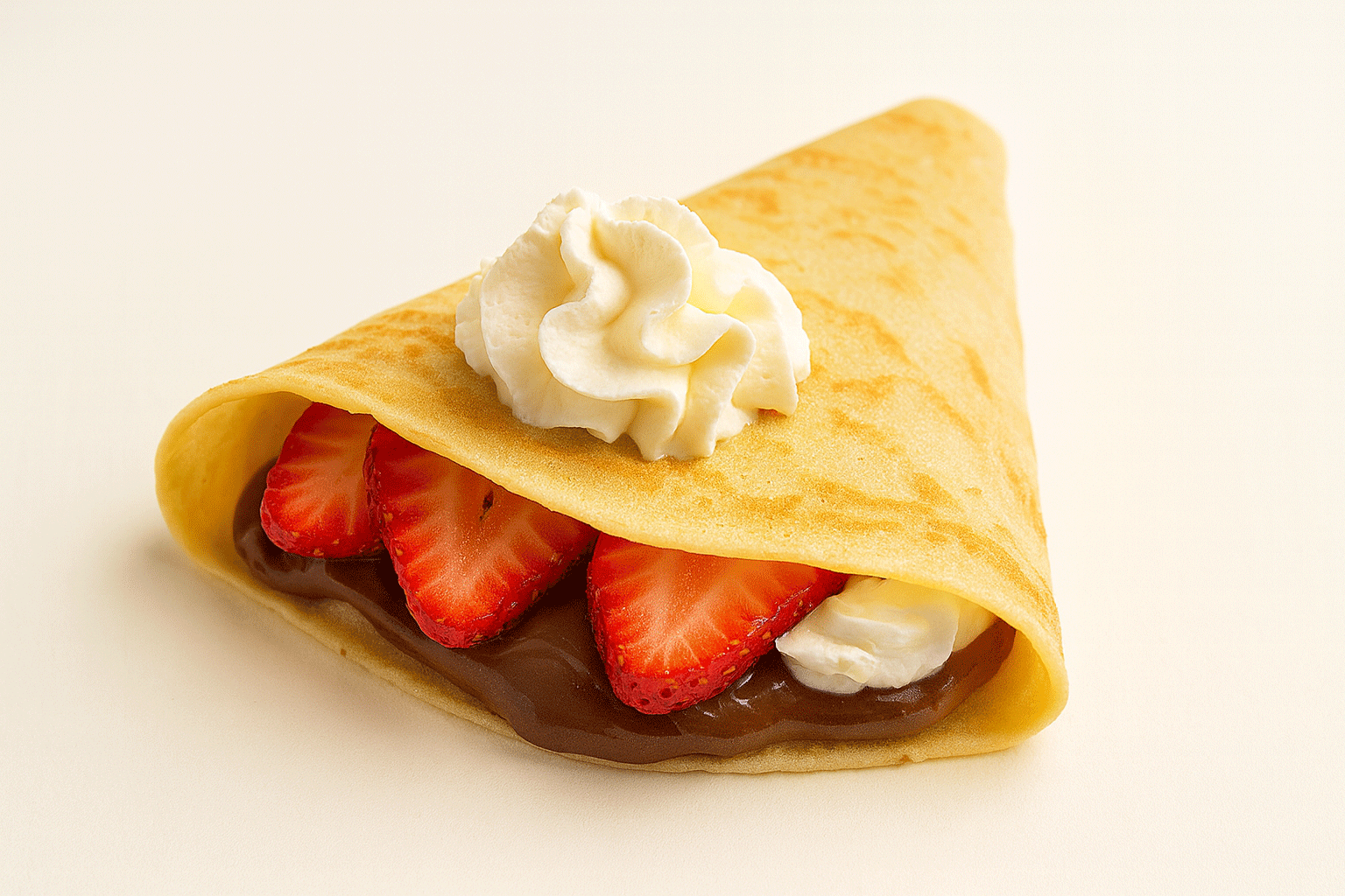 Folded crepe filled with Nutella, fresh strawberries, and whipped cream