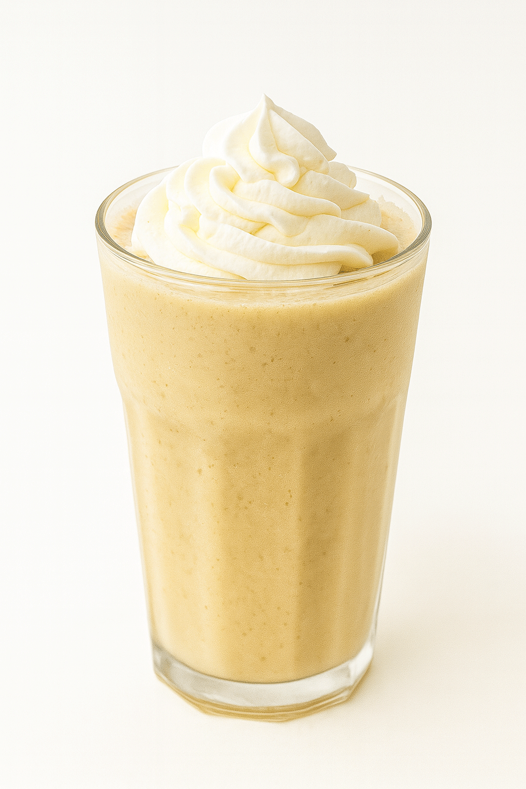 French Vanilla blended drink in a clear cup with ice on a white background