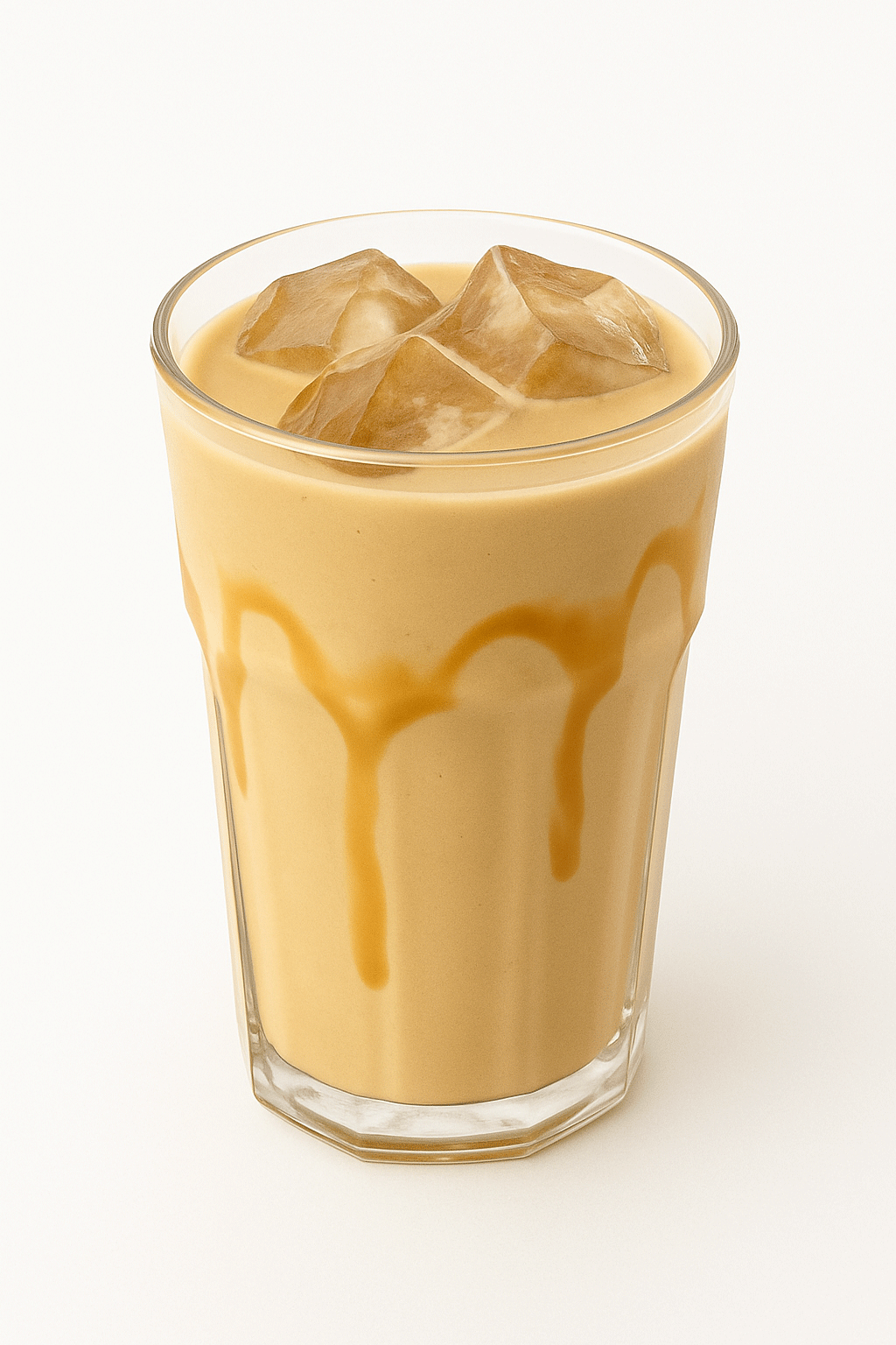 French Vanilla Caramel iced blended drink in a clear glass, topped with ice and caramel drizzle, on a white background.