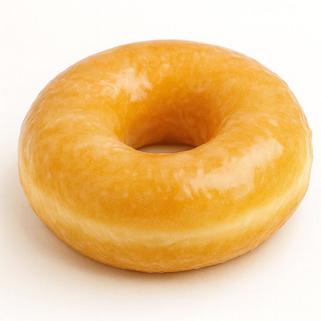 Glazed ring-shaped donut with shiny sugary glaze on white background