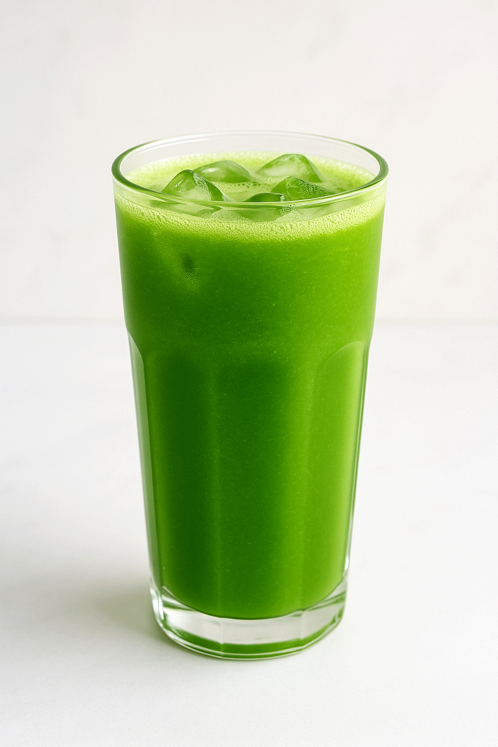 A tall transparent glass filled with vibrant green juice made from leafy greens, pineapple, celery, and carrots.