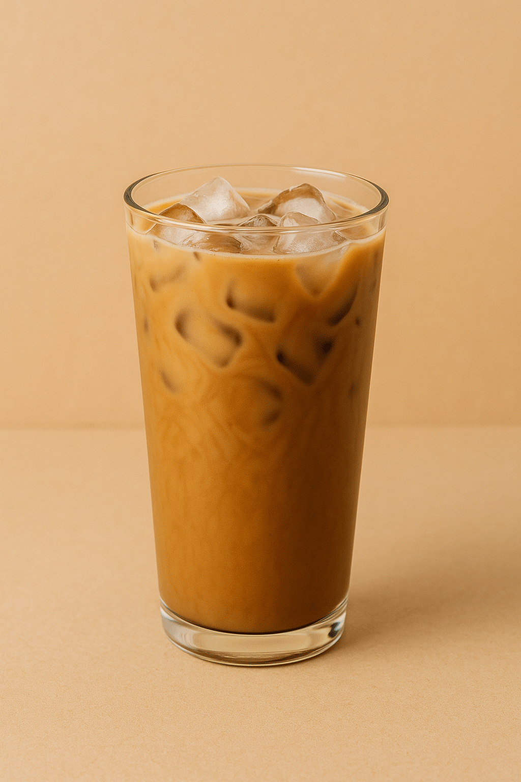 A tall glass of hazelnut iced coffee with ice cubes, served at Neidas Palace Donut Shop.