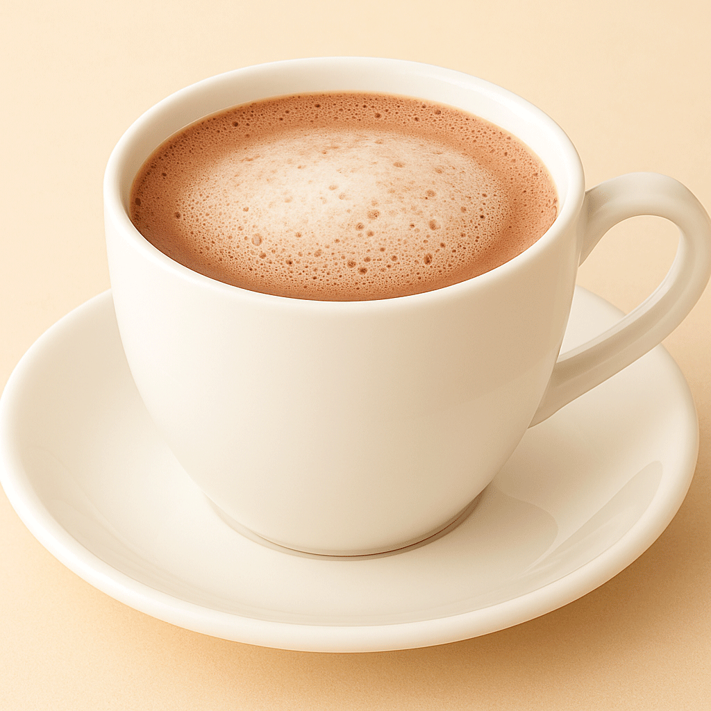A cup of hot chocolate served in a white ceramic cup with saucer on a beige background