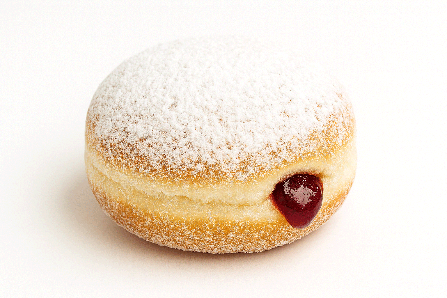 Jelly-filled donut dusted with powdered sugar on a white background