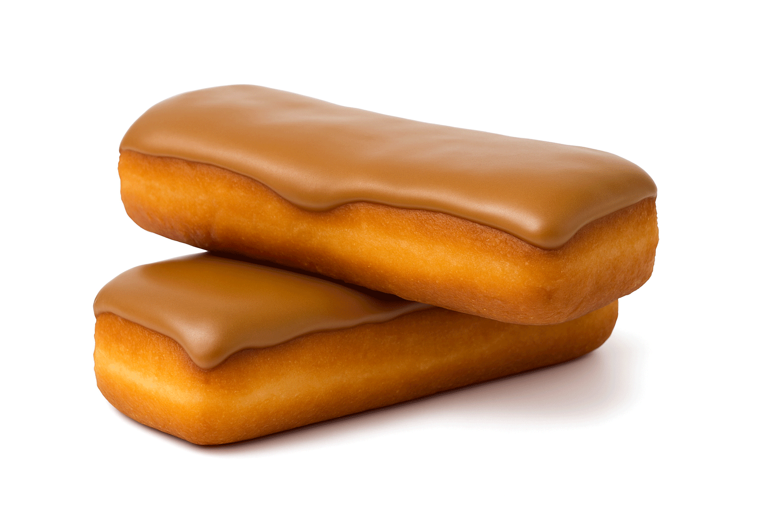 Two cake-style maple bars topped with maple glaze on a white background.