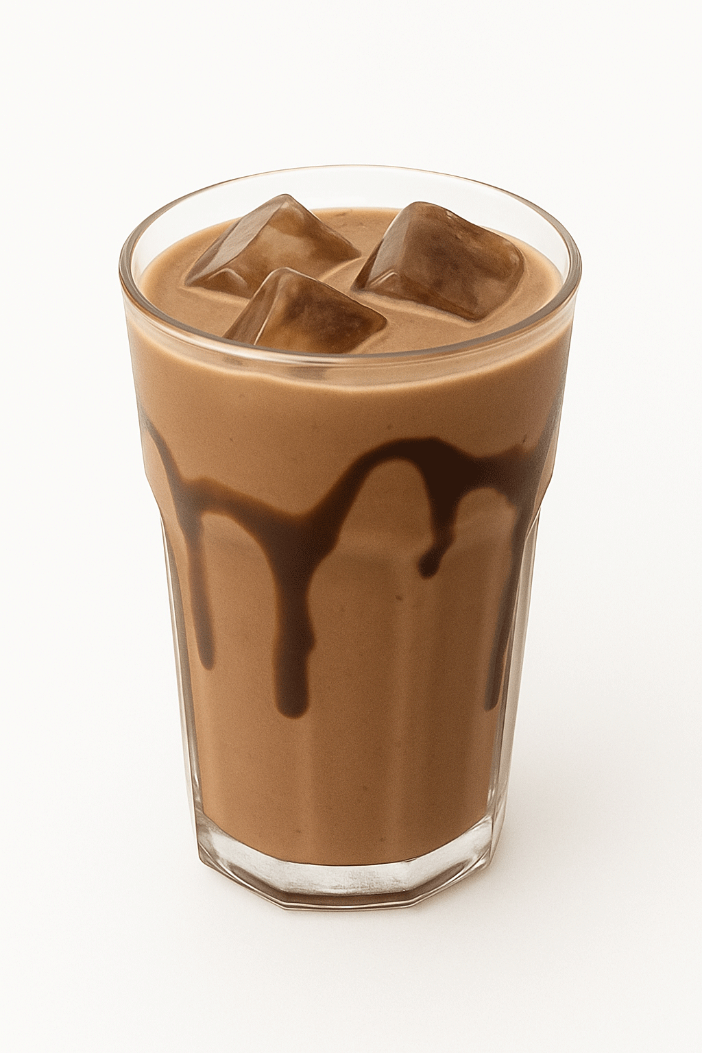Iced mocha coffee in a clear glass with chocolate syrup and ice cubes, against a white background