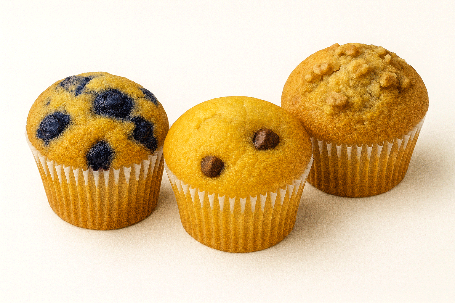 Three moist muffins in blueberry, chocolate chip, and banana nut flavors, displayed on a light background