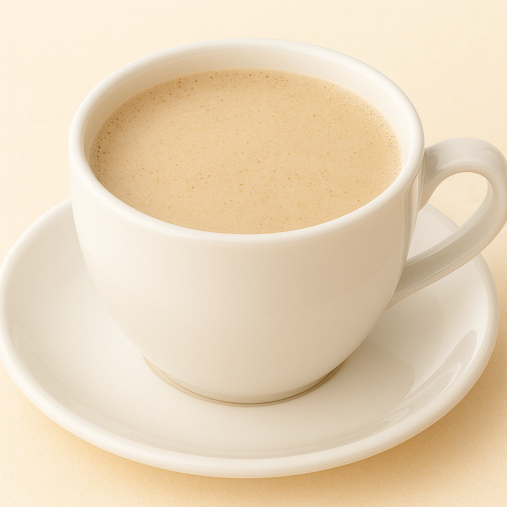 White ceramic cup filled with creamy oatmeal atole on matching saucer