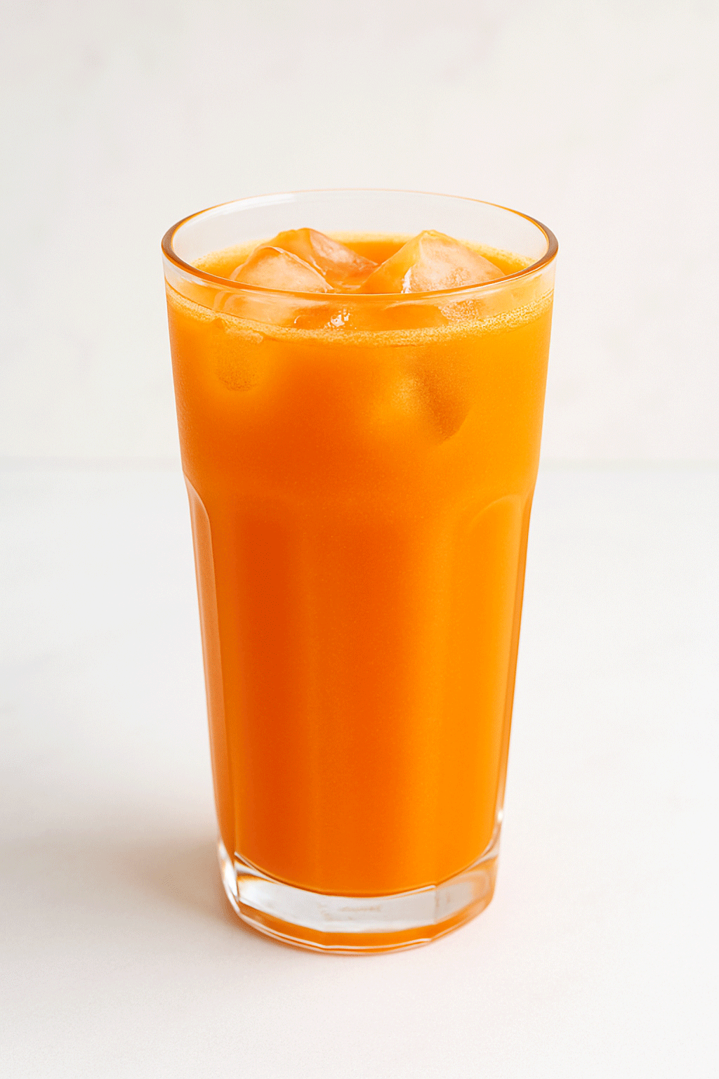 A tall glass of 50/50 orange and carrot juice with ice cubes on a white surface