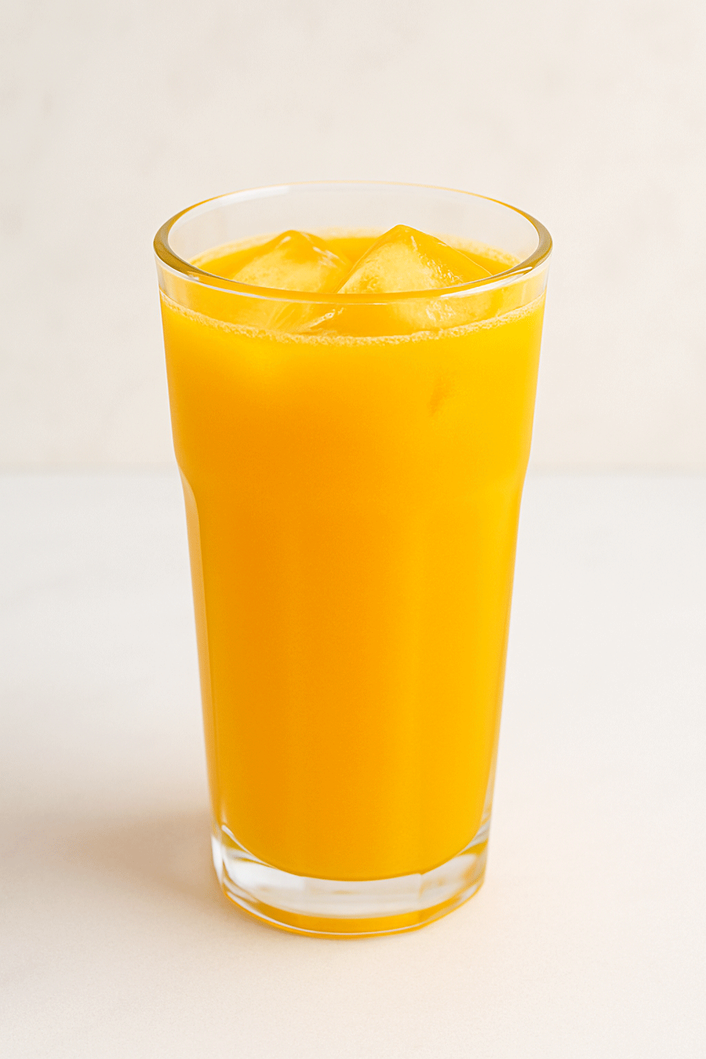 Tall glass of 100% orange juice with ice, on a white surface