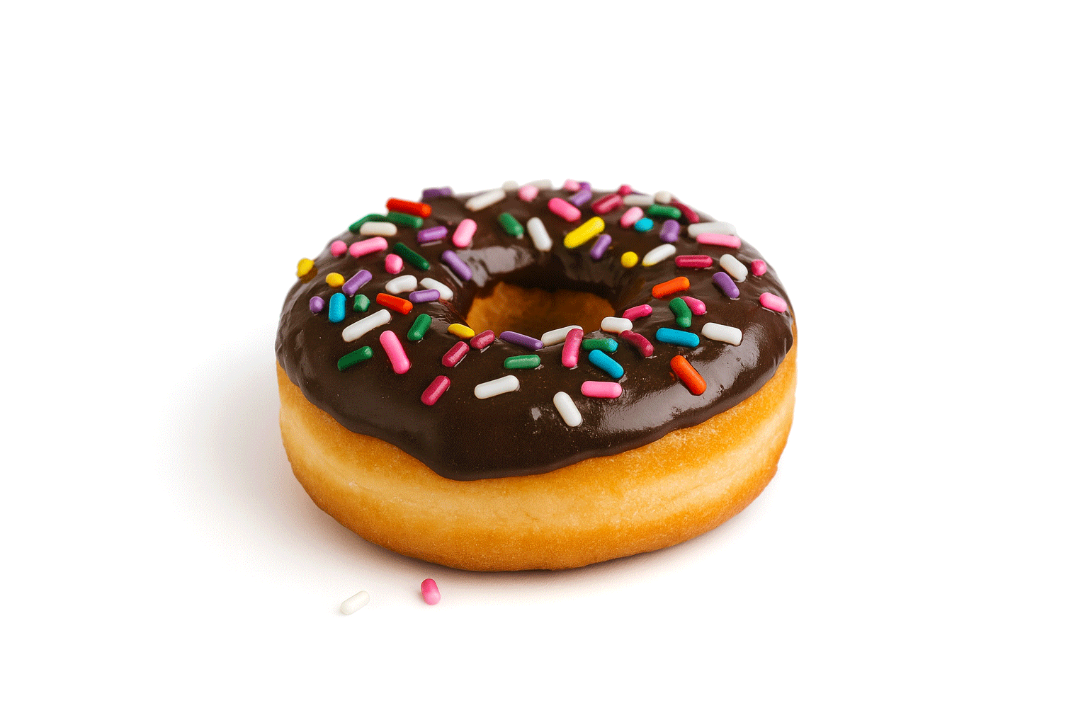 Chocolate glazed donut topped with colorful sprinkles on a white background