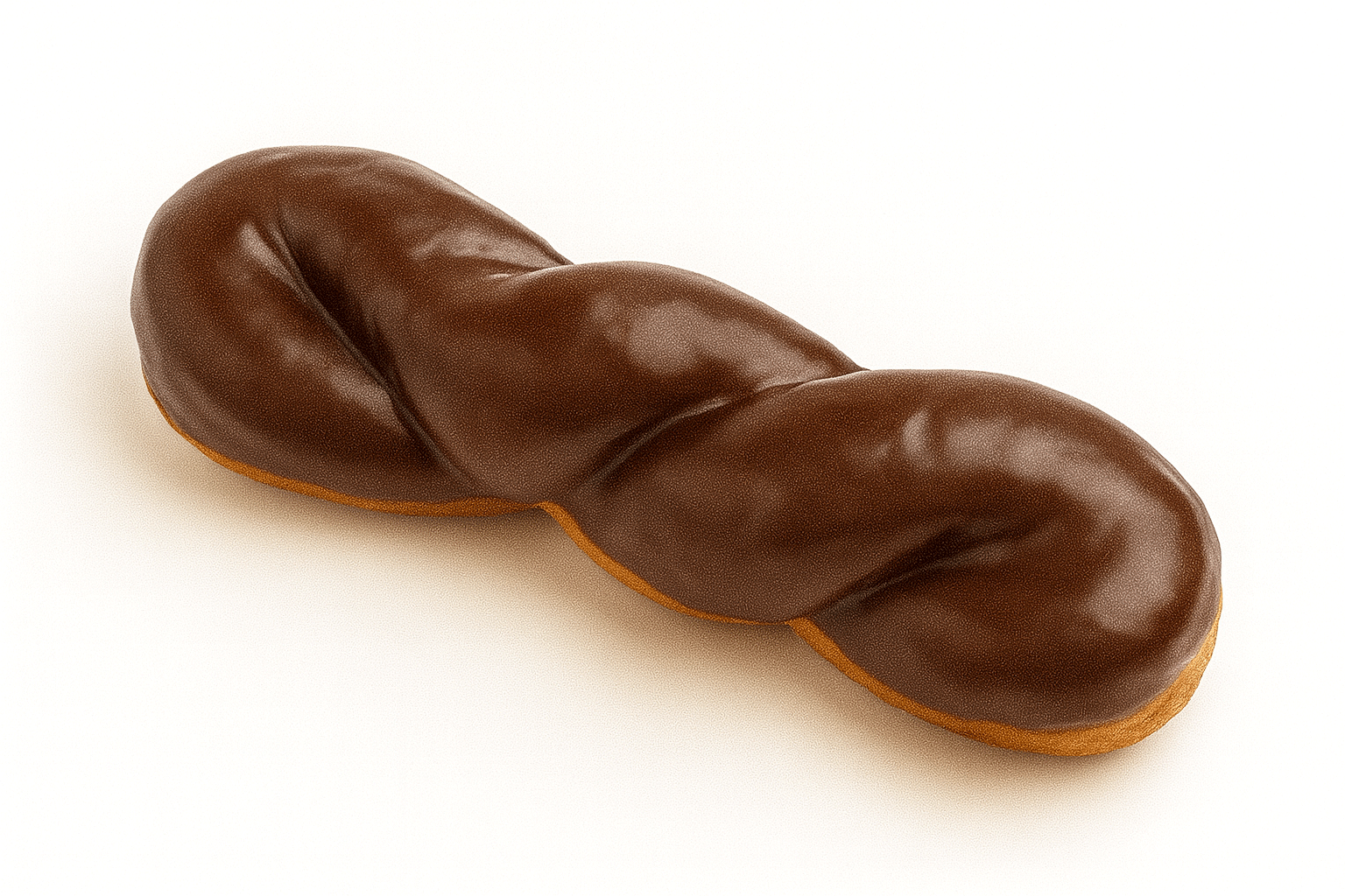 Twisted donut covered in rich chocolate icing on white background