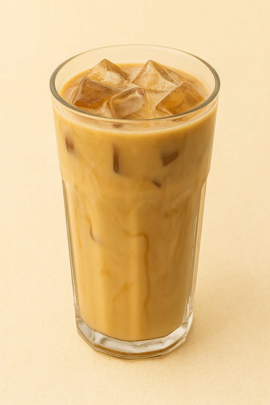 A tall glass of vanilla iced coffee with ice cubes, set against a beige background.